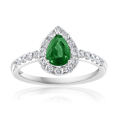Pavé Diamond Halo Pear-Cut Emerald Ring in 14K White Gold, 1.18cttw
