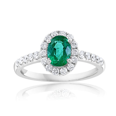 Pavé Diamond Halo Oval-Cut Emerald Ring in 14K White Gold, 1.18cttw