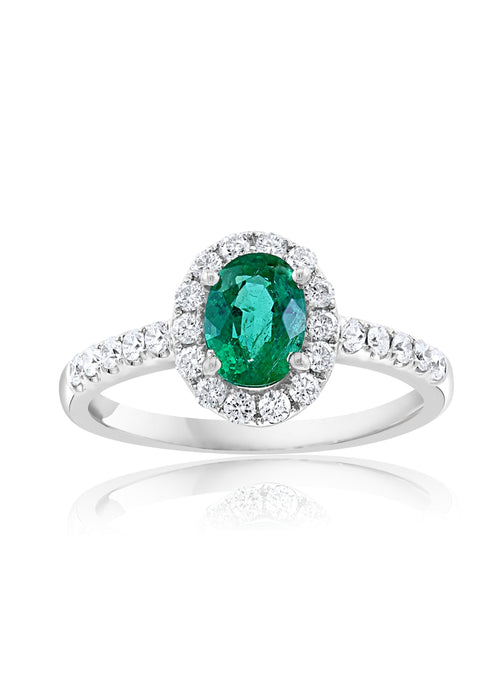Pavé Diamond Halo Oval-Cut Emerald Ring in 14K White Gold, 1.18cttw