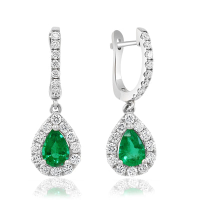 Diamond Halo Pear-Cut Emerald Drop Earrings in 14K White Gold, 1.42cttw