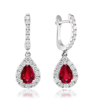 14K White Gold Ruby and Diamond Drop Hoop Earrings