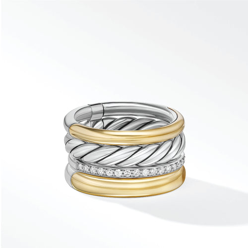 Mercer Multi Row Ring in Sterling Silver with 18K Yellow Gold and Pavé Diamonds