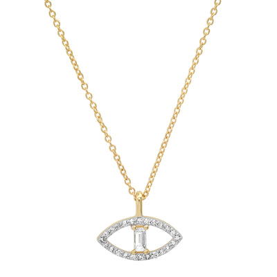 18" Pave Diamond and Baguette Evil Eye Necklace in 14K Yellow Gold