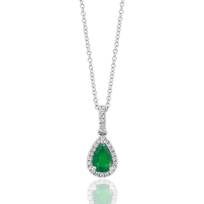 Diamond Halo Pear Shaped Emerald Necklace in 14K White Gold, 0.76cttw
