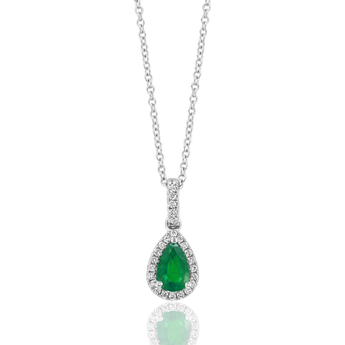 Diamond Halo Pear Shaped Emerald Necklace in 14K White Gold, 0.76cttw