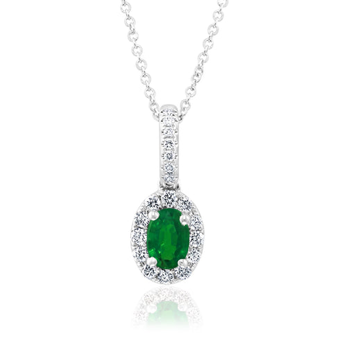 Diamond Halo Oval Emerald Necklace in 14K White Gold, 0.71cttw