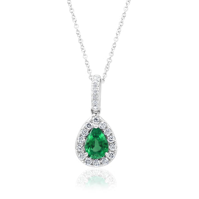 Diamond Halo Pear-Cut Emerald Necklace in 14K White Gold, 0.99cttw