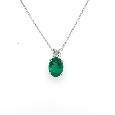 Oval Emerald and Diamond Accent Necklace in 14K White Gold, 1.29cttw