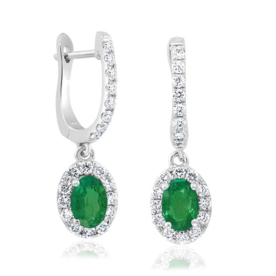 Pavé Diamond Halo Oval Emerald Drop Earrings in 14K White Gold, 1.36cttw
