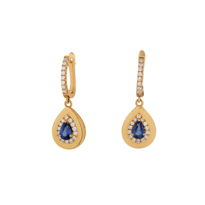 Diamond Halo Pear-Cut Blue Sapphire Teardrop Drop Earrings in 18K Yellow Gold, 1.46cttw
