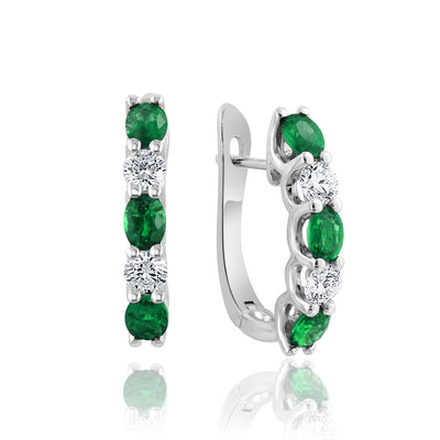 Oval Emerald and Diamond Alternating Huggie Earrings in 14K White Gold, 1.34cttw