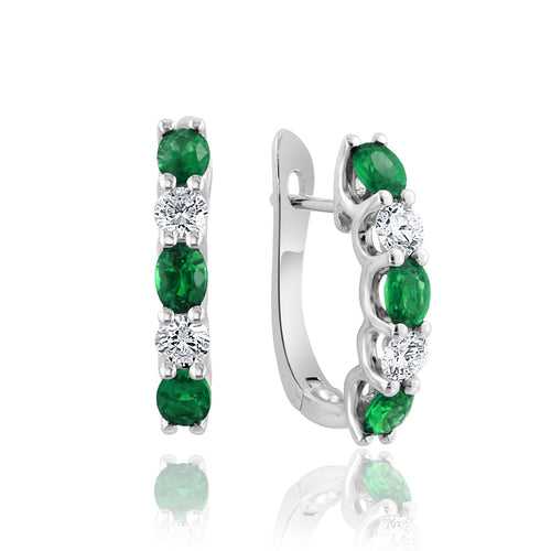 Oval Emerald and Diamond Alternating Huggie Earrings in 14K White Gold, 1.34cttw