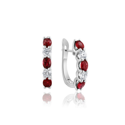 14K White Gold Ruby and Diamond Hoop Earrings