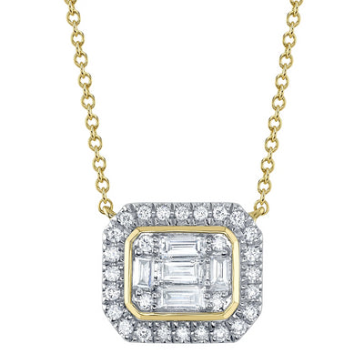 Baguette Diamond Halo Pendant Necklace in 14K White & Yellow Gold