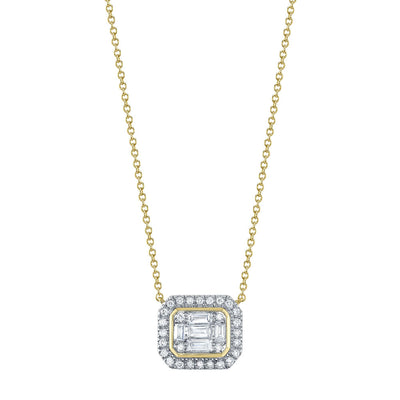 Baguette Diamond Halo Pendant Necklace in 14K White & Yellow Gold