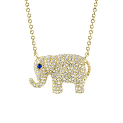 Pavé Diamond and Blue Sapphire Elephant Pendant Necklace in 14K Yellow Gold, 0.49cttw