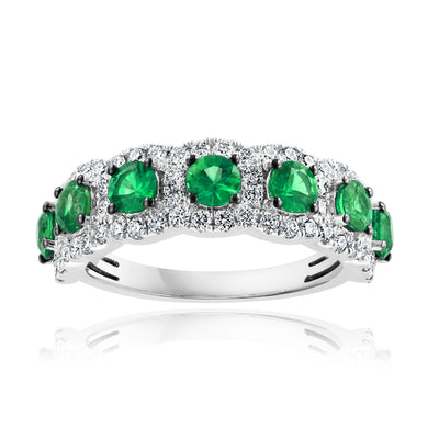 Pavé Diamond Halo Round Emerald Band in 14K White Gold, 1.64cttw