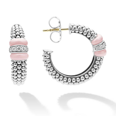 Pink Ceramic Caviar Diamond Hoop Earrings in Sterling Silver