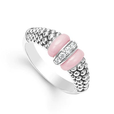 Pink Ceramic and Caviar Diamond Ring