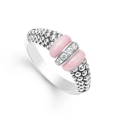 Pink Ceramic and Caviar Diamond Ring