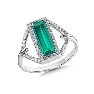 Emerald Cut Green Quartz and Diamond Ring in 14K White Gold
