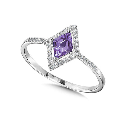 Lozenge Cut Amethyst and Diamond Ring in 14K White Gold