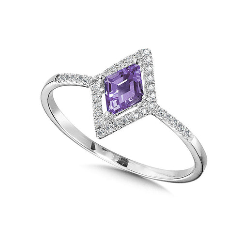 Lozenge Cut Amethyst and Diamond Ring in 14K White Gold