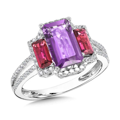 14K White Gold Baguette Cut Amethyst and Garnet Ring