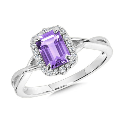 Emerald-Cut Amethyst and Diamond Ring in 14K White Gold