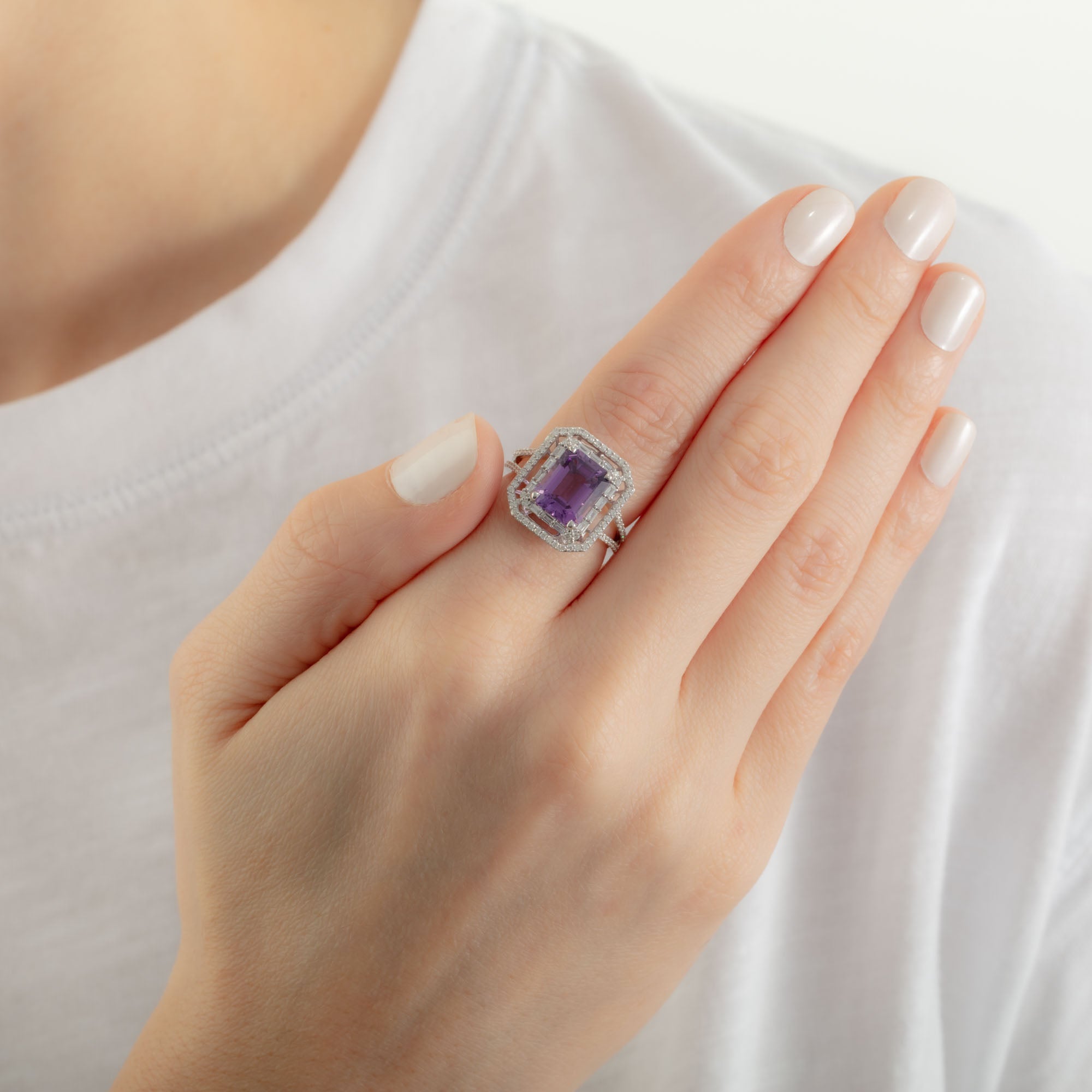 Amethyst and fashion emerald engagement ring