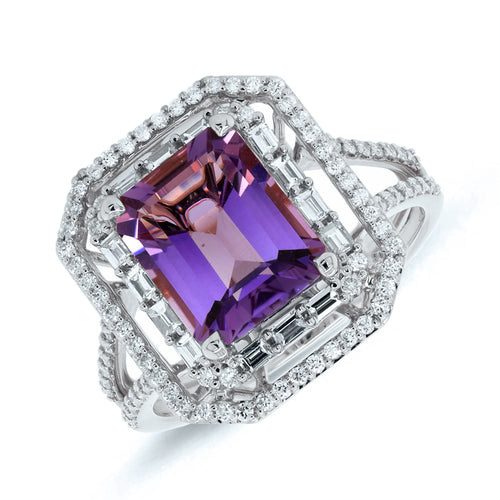 Emerald-Cut Amethyst and Diamond Ring in 14K White Gold