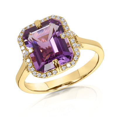 Cushion-Cut Amethyst and Diamond Ring in 14K Yellow Gold