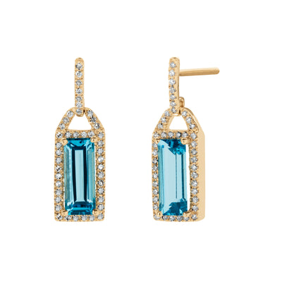 Two-Baguette Blue Topaz and Diamond Drop Earrings in 14K Yellow Gold