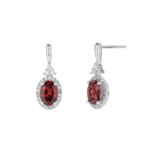 Oval Garnet and Diamond Drop Earrings in 14K White Gold