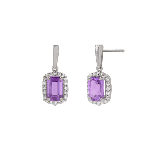 Emerald-Cut Amethyst and Diamond Drop Earrings in 14K White Gold