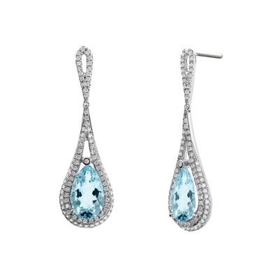 Pear-Shaped Aquamarine and Diamond Drop Earrings in 14K White Gold