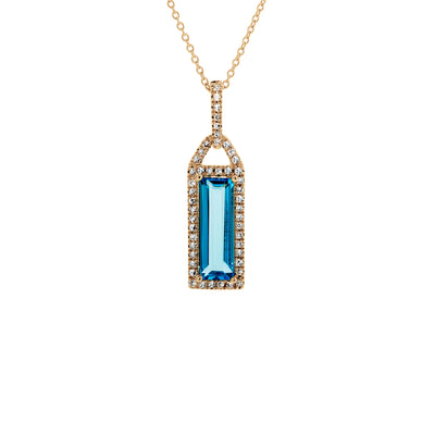 16" Baguette Blue Topaz and Diamond Rectangle Pendant in 14K Yellow Gold