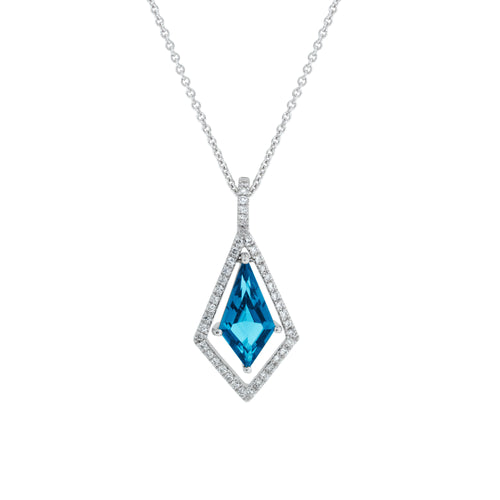14K White Gold Blue Topaz and Diamond Pendant Necklace