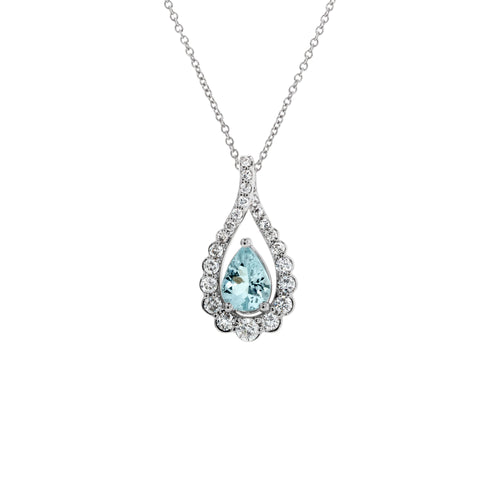 14K White Gold Pear Aquamarine and Diamond Pendant Necklace