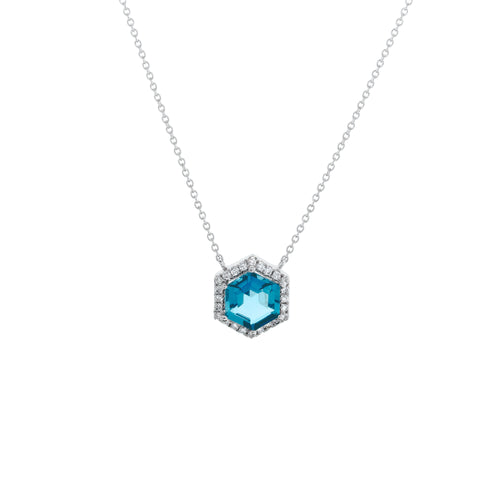 14K White Gold Blue Topaz and Diamond Pendant Necklace