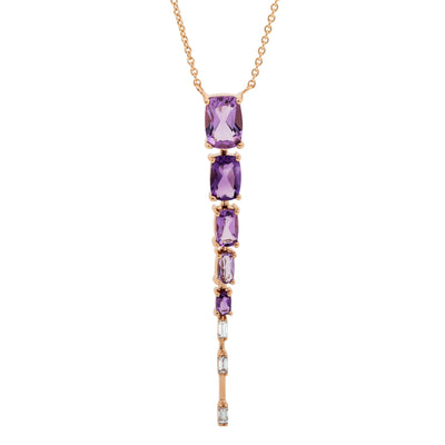 18" 5 Cushion Amethyst and 3 Baguette Diamond Necklace in 14K Rose Gold