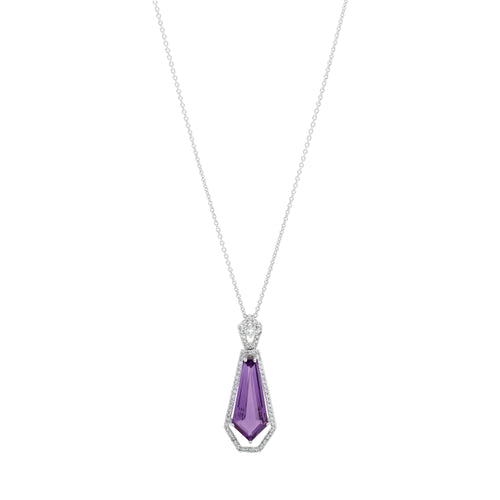 14K White Gold Amethyst and Diamond Pendant Necklace