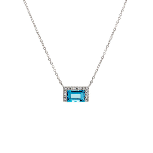14K White Gold Blue Topaz and Diamond Pendant Necklace