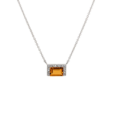 18" Emerald-Cut Citrine and 16 Round Diamond Pendant Necklace in 14K White Gold