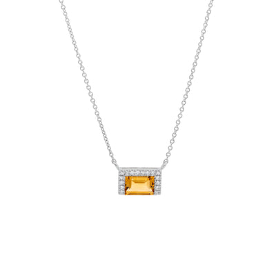 18" Emerald-Cut Citrine and 16 Round Diamond Pendant Necklace in 14K White Gold