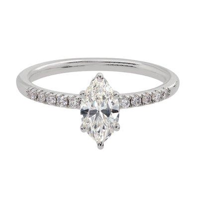 Pavé-Set Marquise Center Diamond Engagement Ring in 14K White Gold, 0.96cttw