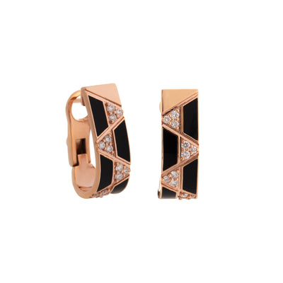 Diamond & Black Enamel Elixir Pattern Oval Hoop Earrings in 18K Rose Gold, 0.29cttw