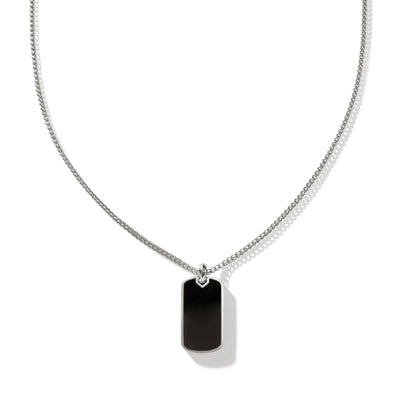 22" Black Onyx Dog Tag Pendant on 2mm Surf Chain in Sterling Silver