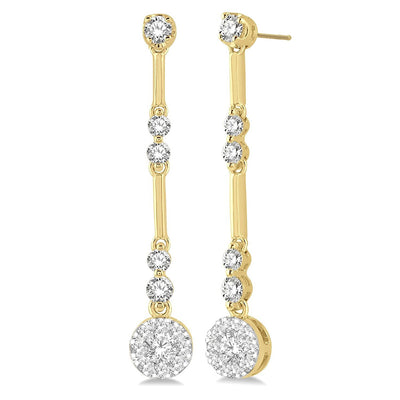 Bar Link Diamond Cluster Drop Earrings in 14K Two-Tone Gold, 0.76cttw