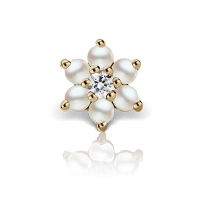 Pearl Flower with Diamond Center Threaded Stud Earring in 18K Yellow Gold